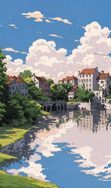 landscape, clouds, sky, outdoors, water, reflections, architecture, waterwheel, no people, stone bridge, boat, cloudy sky, sunset, architecture, reflections of water, fantasy, (illustration:1.0), masterpiece, best quality, <lora:line illustrationa_20230901192549:0.82>