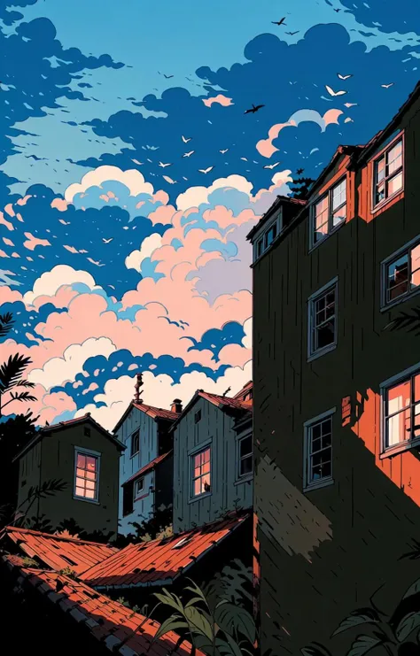 tree, no humans, scenery, outdoors, sky, cloud, building, sign, house, window, plant, cloudy sky, bush, sunset<lora:line illustrationa_20230901192549:0.83>