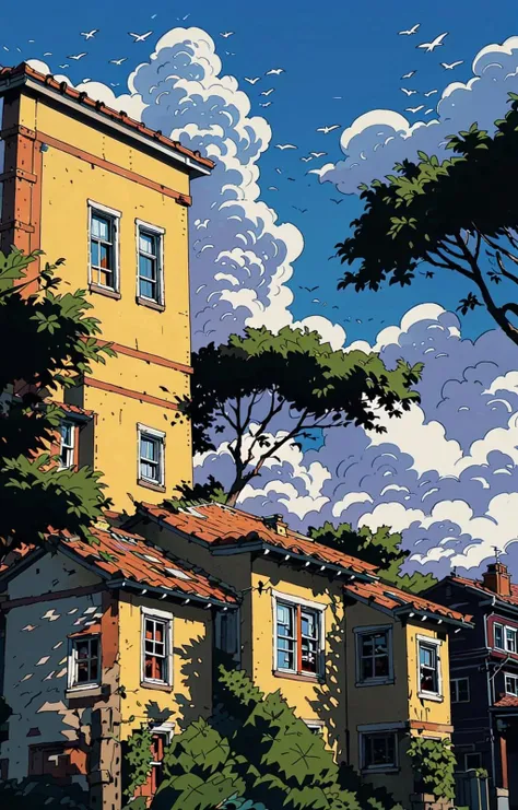 tree, no humans, scenery, outdoors, sky, cloud, building, sign, house, window, plant, cloudy sky, bush, sunset<lora:line illustrationa_20230901192549:0.83>