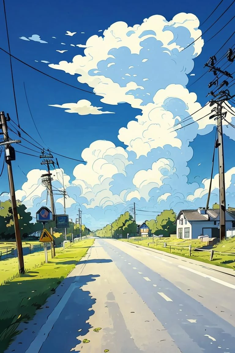 outdoors,no humans,house,cloud,grass,sky,day,power lines,scenery,road,tree,traditional media,utility pole,sign,blue sky,building,cloudy sky,water,masterpiece,best quality,<lora:line illustrationa_20230901192549:0.85>,