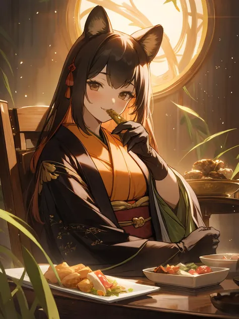 masterpiece,best quality,highres,cinematic lighting,dramatic angle,1girl,<lora:ShadowverseHozumi:0.8> ,1girl,animal ears,japanese clothes,black open jacket,obi,smile,eating,(:3:0.68),looking at viewer,brown eyes,bamboos,dynatic pose,cowboy shot,sitting across table,gold-trimmed,magic,multicolored hair,(black hair:white hair:0.86),frills,claws,black elbow gloves,(open mouth:0.43),magic,feast,foods on table,restaurant