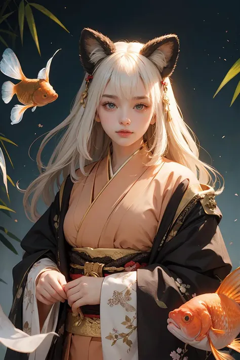 cute,beautiful and aesthetic,
Animal ears, white hair, very long hair, kimono, wide sleeves,obi,
passion, desire,
Atmospheric Depth, Dramatic Contrast, Low Key,
goldfish,gold-trimmed,bamboo,
<lyco:ShadowverseHozumi:0.75>