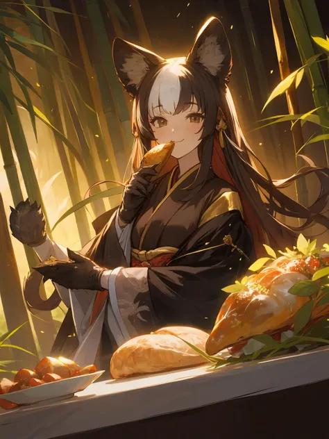 masterpiece,best quality,highres,cinematic lighting,dramatic angle,1girl,<lora:ShadowverseHozumi:0.8> ,1girl,animal ears,japanese clothes,black open jacket,obi,smile,eating,(:3:0.68),looking at viewer,brown eyes,bamboos,dynatic pose,cowboy shot,sitting across table,gold-trimmed,magic,multicolored hair,(black hair:white hair:0.86),frills,claws,black elbow gloves,(open mouth:0.43),magic,feast,foods on table,restaurant