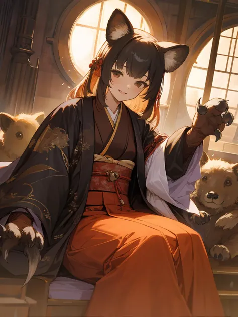 masterpiece,best quality,highres,cinematic lighting,dramatic angle,1girl,<lora:ShadowverseHozumi:0.8> ,1girl,animal ears,japanese clothes,black open jacket,obi,smile,looking at viewer,brown eyes,playing with stuffed toy,cowboy shot,sitting,multicolored hair,(black hair:white hair:0.86),frills,claws,black elbow gloves,(open mouth:0.43),happy