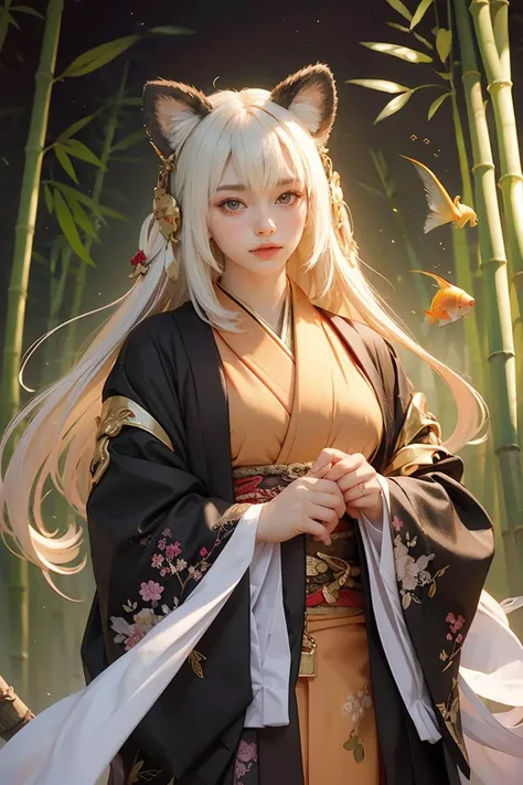 cute,beautiful and aesthetic,
Animal ears, white hair, very long hair, kimono, wide sleeves,obi,
passion, desire,
Bold Accents, Vibrant Tones, Radiant Glow,
goldfish,gold-trimmed,bamboo,
<lyco:ShadowverseHozumi:0.75>