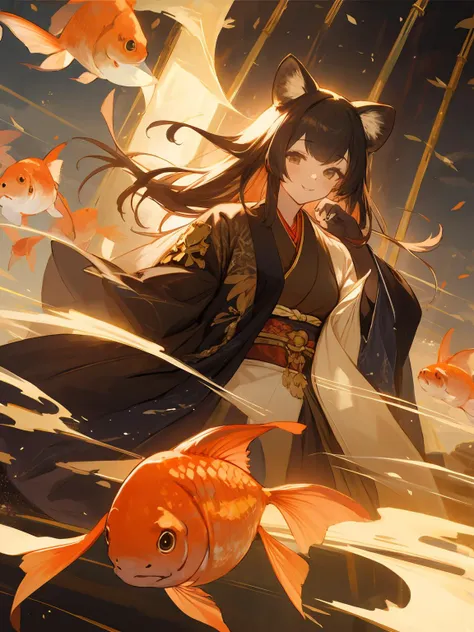 masterpiece,best quality,highres,cinematic lighting,dramatic angle,1girl,<lora:ShadowverseHozumi:0.8> ,1girl,animal ears,japanese clothes,black open jacket,obi,smile,hand on own cheek,looking at viewer,brown eyes,bamboos,goldfish,dynatic pose,cowboy shot,KIND,gold-trimmed,magic,multicolored hair,(black hair:white hair:0.86),frills,claws,elbow gloves,(open mouth:0.43),magic,feast,foods