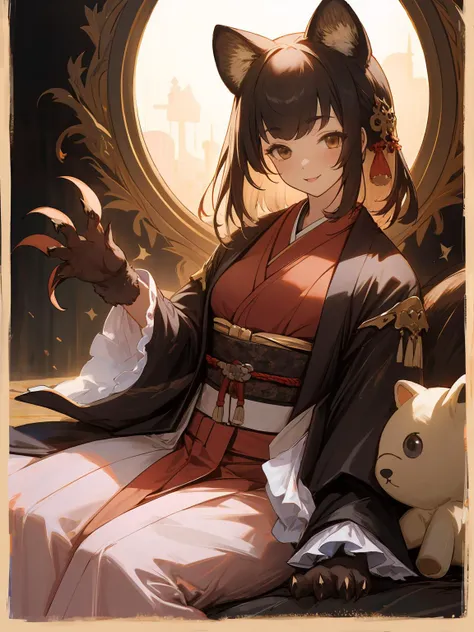 masterpiece,best quality,highres,cinematic lighting,dramatic angle,1girl,<lora:ShadowverseHozumi:0.8> ,1girl,animal ears,japanese clothes,black open jacket,obi,smile,looking at viewer,brown eyes,holding stuffed toy,cowboy shot,sitting,multicolored hair,(black hair:white hair:0.86),frills,claws,black elbow gloves,(open mouth:0.43),happy