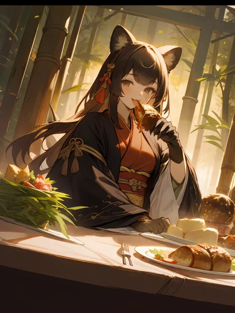 masterpiece,best quality,highres,cinematic lighting,dramatic angle,1girl,<lora:ShadowverseHozumi:0.8> ,1girl,animal ears,japanese clothes,black open jacket,obi,smile,eating,(:3:0.68),looking at viewer,brown eyes,bamboos,dynatic pose,cowboy shot,sitting across table,gold-trimmed,magic,multicolored hair,(black hair:white hair:0.86),frills,claws,black elbow gloves,(open mouth:0.43),magic,feast,foods on table,restaurant