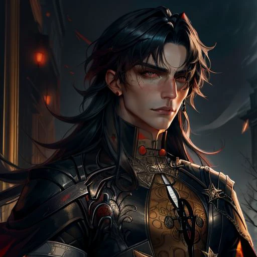 (dark theme:0.9),1boy,upper body,sharp features, blade \(honkai: star rail\), black hair, red_eyes, bangs, grim,cold_stare,black coat, chinese clothes,dark colors, Volumetric lighting, baroque oil painting by Greg Rutkowski, Artgerm, WLOP, Alphonse Mucha dynamic lighting hyperdetailed intricately detailed, (hdr:1.22), muted colors, detailed eyes,complex background, hyperrealism, hyperdetailed, amandine van ray <lora:Blade_Honkai_Star_Rail-000012:1>