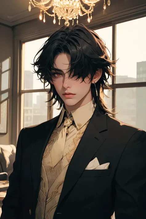 masterpiece, best quality, 1boy, male focus, blade \(honkai: star rail\), red eyes, bangs, hair bangs covered one eyes, earrings, business suit, necktie, black suit, upper body, looking at viewer, indoors, mansion, chandelier, windows, professional illustration, hires, <lora:AhriMain_blade_hsr:0.7>