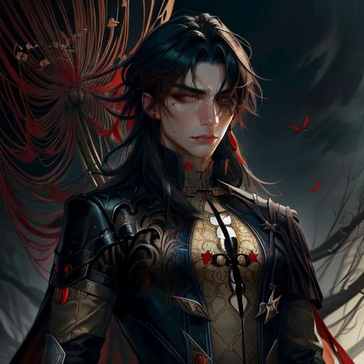 (dark theme:0.9),1boy,upper body,sharp features, blade \(honkai: star rail\), black hair, red_eyes, bangs, grim,cold_stare,black coat, chinese clothes,dark colors, Volumetric lighting, baroque oil painting by Greg Rutkowski, Artgerm, WLOP, Alphonse Mucha dynamic lighting hyperdetailed intricately detailed, (hdr:1.22), muted colors, detailed eyes,complex background, hyperdetailed, spider lily, amandine van ray <lora:Blade_Honkai_Star_Rail-000012:1>