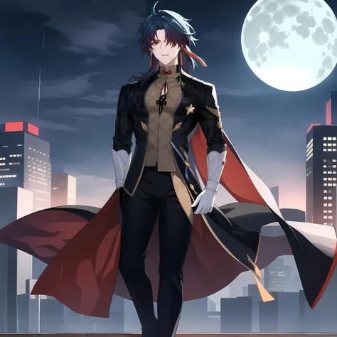 blade \(honkai: star rail\), 1boy, full body ,male focus, black coat, chinese clothes, bangs, solo, detailed face, looking at viewer,, city, sky, fog, (masterpiece:1.2, best quality), <lora:Blade_Honkai_Star_Rail:1>, full_moon,rain,