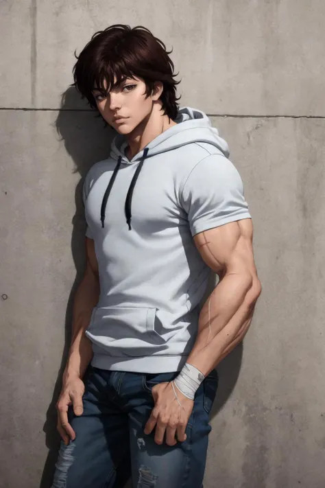 High Quality, Masterpiece, male focus, 1boy, muscular, manly, muscular male, BakiHanma, brown hair, scars, bandages, <lora:Char-BakiHanma:0.7>, (realistic:0.6), cowboy shot, hoodie, black hoodie, hood, hood down, hand in pocket, jeans,