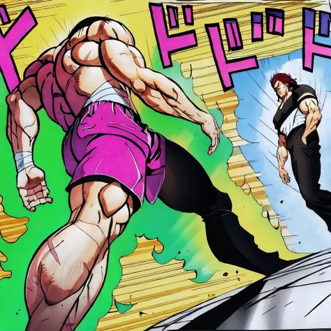High Quality, Masterpiece, male focus, 2boys, muscular, manly, muscular male, ApproachingMe, <lora:Pos_ApproachingMe:0.45>,
BREAK BakiHanma, abs, topless male, brown hair, shorts, scars, bandages, <lora:Char-BakiHanma:0.7>,
BREAK large pectorals, red hair, spiked hair, <lora:Char_Baki_YujiroHanma:0.9>,