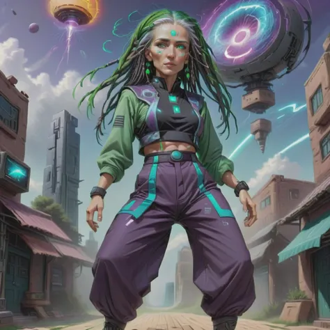 female AI Integration Specialist, , Ageless, Athletic, Central Asian, Green eyes, Angular Forehead, Elegantly Arched Feet, , Salt and Pepper Dreadlocks hair, Puzzlement, Gravitational Resistance, Character stands against an invisible force, leaning into the wind created by gravitational resistance, wearing Velvet RoyalPurple Holographic Culottes, Cyber-Silk Trousers, Augmented Leather Oxfords, , and and andMicrochip Sling Bag , Electromagnetic Levitation, Character floats slightly above the ground, legs crossed, emanating a magnetic aura <lora:Cyber_Shaman_sdxl:1>