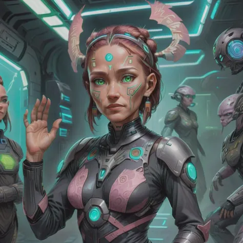 female AI-generated Art Specialist, Gene-spliced Hybrids, Beings resulting from genetic manipulation, exhibiting a mix of species traits, Retirement age, Elegant, Pacific Islander, Green eyes, Attached Ears, Narrow Forehead, Birthmarks, Light Auburn Fringe haircut hair, Worry, Defensive Guard, Character raises their arms in a defensive posture, protecting themselves from harm., wearing Cyber-Metallic Skinny Pants, Paisley BubblegumPink Plasma-Mesh Culottes, Cyber-Space Combat Boots, , and, Graphene Contortion, Character twists their body into an almost impossible position, showcasing graphene-enhanced flexibility <lora:Cyber_Shaman_sdxl:1>