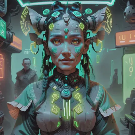 female Cybernetic Companion Designer, , Late twenties, Strong, Inuit, Gray eyes, Attached Ears, Upturned Nose, Square Chin with Cleft, Plump Cheeks, Square face shape with Angular Jaw, Halloween makeup , Mint Green Updo hairstyle hair, Love, Neural Link, Character stands tall, arms extended forward, fingers in a claw-like gesture, simulating a neural connection, wearing Quantum Neon Skirt, PoppyRed Ruffled Poplin Holographic Blouson Jacket, Augmented Leather Oxfords, , andGraphene Tech Satchel and, Weaving spells into fabric, creating enchanted garments and cloaks <lora:Cyber_Shaman_sdxl:1>