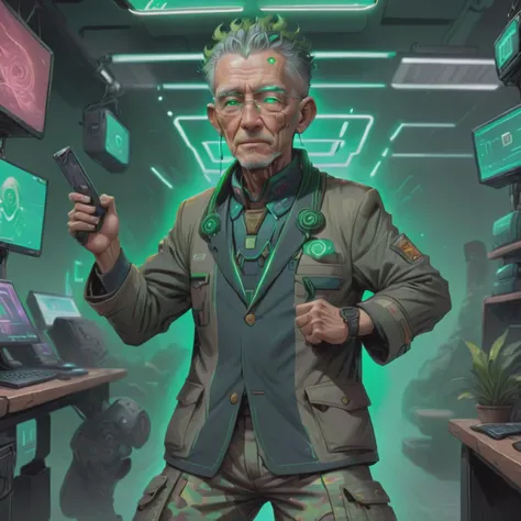 male Corporate Disinformation Specialist, , Geriatric Lithe, East Asian, Emerald eyes,   Unique Chin, Wide Jaw,    Toned Back,  , Green Curly undercut hair, Curiosity,, Virtual Reality Combat, Character takes a defensive stance with legs spread apart, arms raised to block incoming virtual attacks,  wearing Tweed Holo-camo Cargo Shorts,  Augmented Reality Blazer, , ,  andBionic Sunglasses  and and, Consulting with enchanted creatures, seeking their wisdom and guidance  <lora:Cyber_Shaman_sdxl:1>