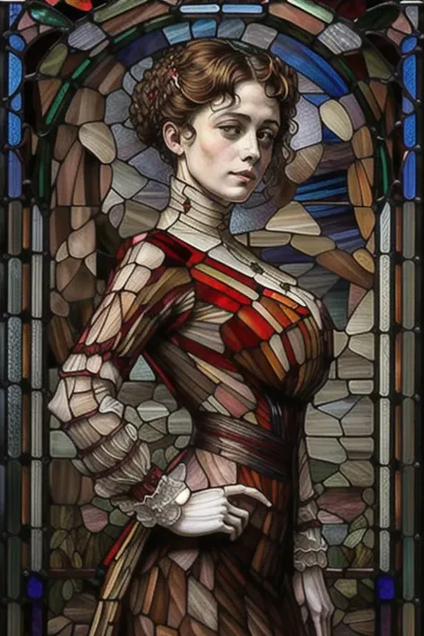 Stained glass portrait, action pose, (headshot:0.4), looking away from viewer, side-front view, as ((((stained glass)))), ((Aerith Gainsborough)), ( Art Nouveau:1.1), (by Gustav Klimt), (by Egon Schiele), (by Oskar Kokoschka), (by Alphonse Mucha:1.1), gorgeous sexy woman, (huge breasts:1.3), full bust, simple hairdo, smile, geometric composition, twisted torso, looking at viewer, looking back, sexy woman, long neck, wearing a red dress, small waist, detailed face, perfect face <lora:ClothingAdjuster3:-0.1> , big sleeves <lora:1905_dress_v1:0.9> 1905_dr3ss <lora:st41nedg5CIVIT:0.8> st41nedg, 1900, sharp edges
<lora:add_detail:1> <lora:detail_slider_v4:-3>