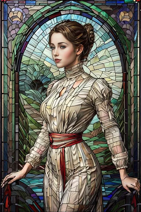 back lit, vivid colors, Stained glass portrait, action pose, (headshot:0.4), looking away from viewer, side-front view, as ((((stained glass)))), ((Aerith Gainsborough)), ( Art Nouveau:1.1), (by Gustav Klimt), (by Egon Schiele), (by Oskar Kokoschka), (by Alphonse Mucha:1.1), gorgeous sexy woman, (huge breasts:1.1), full bust, simple hairdo,  smile, geometric composition, twisted torso, looking at viewer, looking back, sexy woman, long neck, wearing a dress, rose, small waist, detailed face, perfect face <lora:ClothingAdjuster3:-0.1> , big sleeves   <lora:1905_dress_v1:0.9> 1905_dr3ss  <lora:Glass paintingV1:0.4> stained glass painting, blh, 1900, sharp edges
 <lora:add_detail:0.5>  <lora:detail_slider_v4:-5>
 <lora:st41nedg5CIVIT:0.6> st41nedg