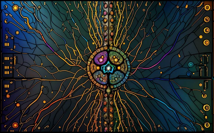 highly detailed, <lora:st41nedg5CIVIT:0.8> st41nedg, (neurons), electronic circuit, neural network, pcb, rainbow, galactic, synapses firing