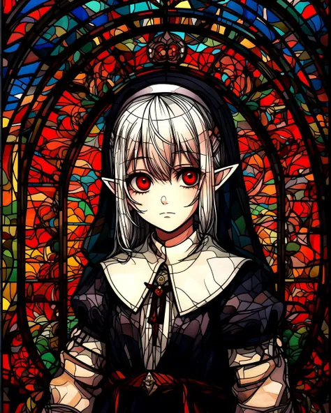 glass art, stained glass showing a nun with red eyes and white hair and pointy ears, <lora:st41nedg5CIVIT:1>