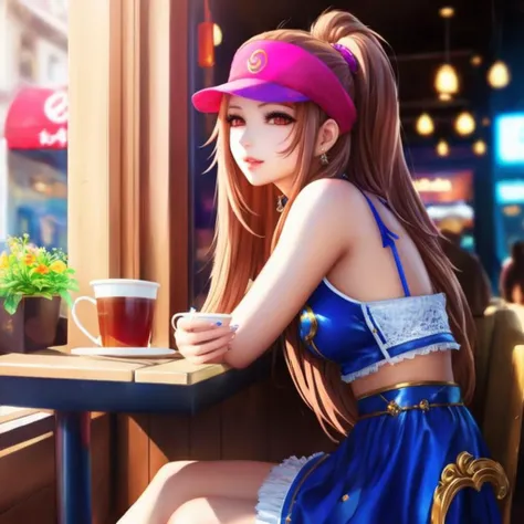 1girl, sakimi mix, sitting at a cafe, low lights, (full body), (masterpiece)