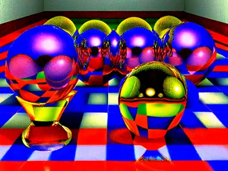 90s3d a glass balls over a checkered floor , high detail, very sharp, high quality <lora:hj90s3d_v10:0.8>