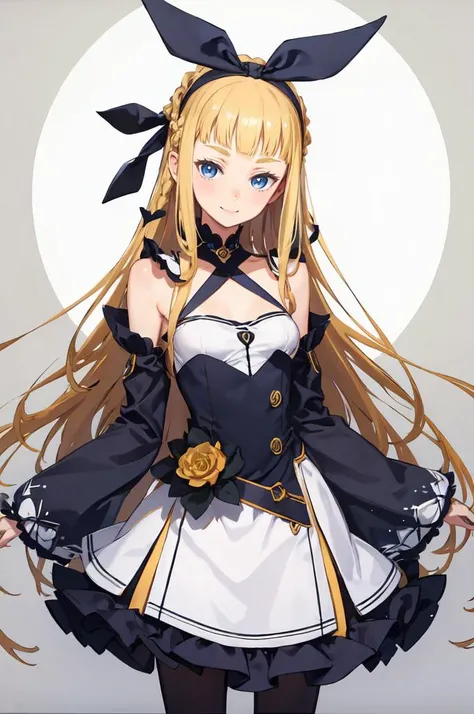 ultra detailed, masterpiece, best quality,
solo,
cowboy shot,
facing viewer,
soft smile, light smile,
1girl, blue eyes, very long hair, blonde hair, long blonde hair, french braid, bangs, medium breasts,
hair ribbon, frilled choker, criss-cross halter, sleeveless dress, high-waist skirt, backless dress, waist bow, detached sleeves, frilled sleeves, wide sleeves, pantyhose, patterned legwear, mary janes, <lora:kuroboshi:1> kuroboshi kouhaku,