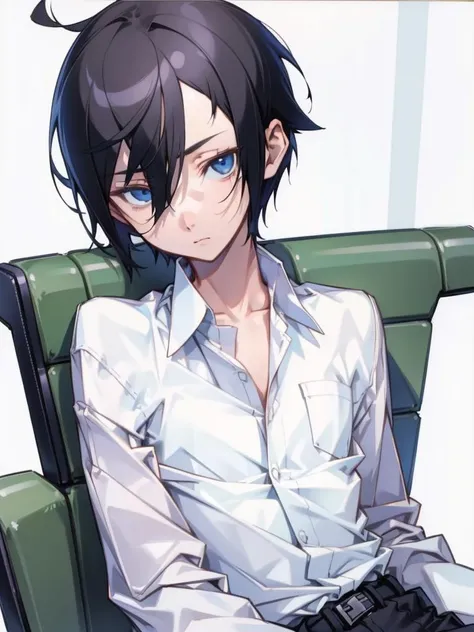 <lora:kuroboshi-10:1>kino no tabi, androgynous, reverse trap, short hair, white shirt, long sleeves, upper body, skinny, small breasts, 1girl, unbuttoned, masterpiece, best quality