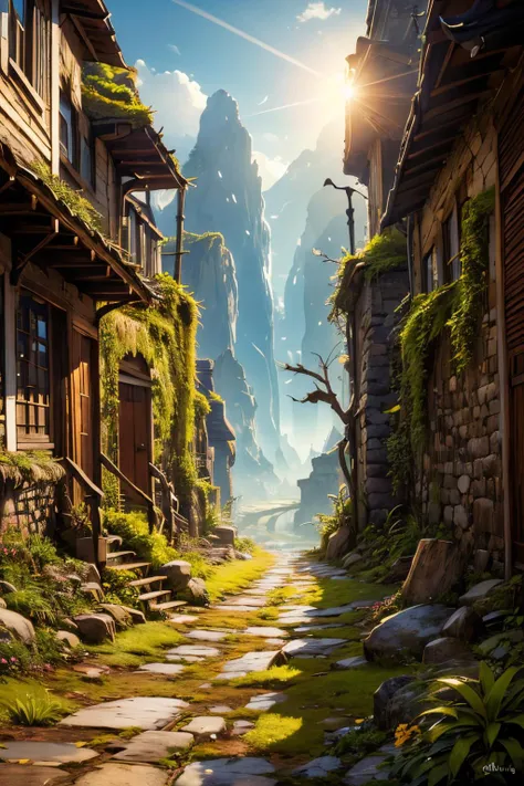 (Realistic:1.5) bone, moss, street, grass, horizon, spikes, mountainous horizon, stone, leaf, hat, nature, path, lens flare, alley, wings, sharp teeth, city, sunlight, bone, dark, <lora:EdobSyFyHorrorFairyTale_v1.0:0.8>