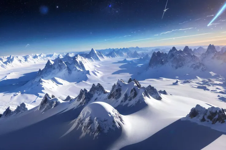 (Realistic:1.5) SyFyEye1, mountain, reflection, blurry, white hair, shadow, silhouette, flying, tree, star (sky), wings, constellation, spacecraft, winter, landscape, outdoors, dutch angle, night, shadow, fantasy, space,  <lora:SyFyEye1_v2.0:0.8>
