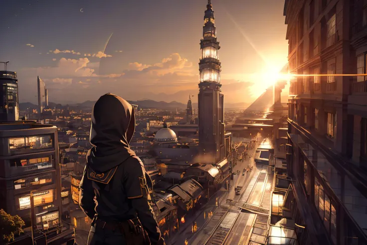 (Realistic:1.5) EdobSyFyCityLandscape, sun, night sky, hood, short hair, sunset, hat, lamppost, tower, vanishing point, moon, <lora:EdobSyFyCityLandscape_v1.0:0.8>