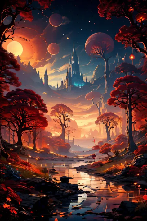 (Realistic:1.5), A glittering, mystical palace surrounded by a vast, shimmering lake., monster, red theme, standing, edobhorrorlandscape, red eyes, fireflies, solo, cloudy sky, blood, dark, no humans, red moon, night, tree stump, night, signature, garden, watermark, sunbeam, sunbeam, <lora:EdobHorrorLandscape_v1.0:0.6> <lora:EdobFairyTaleLandscape_v1.0:0.6>