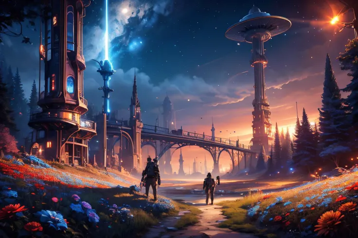 (Realistic:1.5) steampunk, night sky, 6+boys, alien, bridge, lights, multiple boys, scenery, blue flower, red sky, forest, spacecraft, multiple others, blue flower, grass, people, glowing, teeth, bone, jacket, <lora:EdobSyFyHorrorFairyTale_v1.0:0.8>