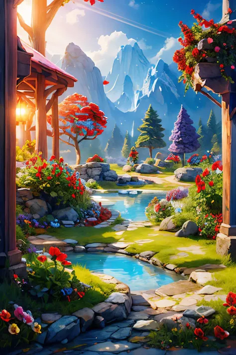(Realistic:1.5) EdobFairyTaleLandscape, stone, purple flower, red flower, jellyfish, red flower, sunbeam, fantasy, pond, red flower, bush, <lora:EdobFairyTaleLandscape_v1.0:0.8>