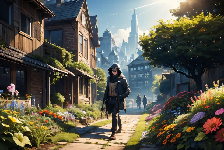 (Realistic:1.5) dappled sunlight, open mouth, fish, 1other, black background, city lights, cityscape, building, jellyfish, field, flower, simple background, one-eyed, walking, field, garden, hood, light rays, goggles, garden, <lora:EdobSyFyHorrorFairyTale_v1.0:0.8>