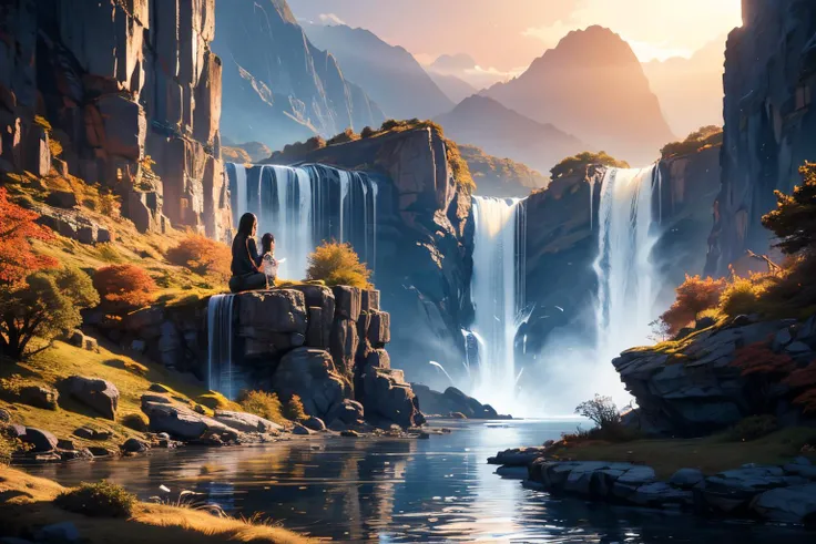 masterpiece, atmosphere, Chinese style, (mountain water with several waterfalls in the distance), (((A maiden in a thin blue lace-like robe is sitting on a large rock fishing)), (Fishing), (Extremely long black hair fluttering in the wind), (Fish splashing on the surface of the water), 20 years old, (sleepy expression)), deep in the mountains and overgrown with trees, skin gloss, hair luster,