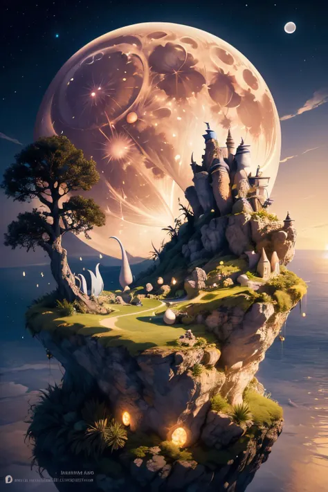 (Realistic:1.5) EdobFairyTaleLandscape, ocean, crescent moon, full moon, night, grass, artist name, cloud, night sky, floating island, tree, <lora:EdobFairyTaleLandscape_v1.0:0.8>