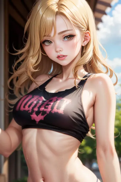 (1girl), medium breasts, tan, dewy skin, sweaty skin, wavy blonde hair, punk tshirt, punk girl