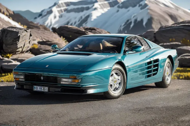 (masterpiece, best quality:1.2), ultra-detailed, (Teal:1.5) car in (The Rocky Mountains, North America:1.5) EdobFTestarossa, (realistic:1.5), <lora:EdobFTestarossa_v1.0:1>