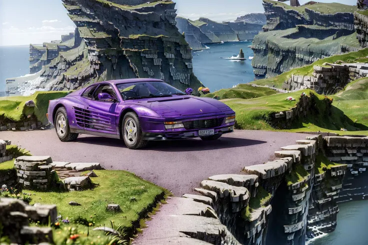 (masterpiece, best quality:1.2), ultra-detailed, (Violet:1.5) car in (The Cliffs of Moher, Ireland:1.5) EdobFTestarossa, (realistic:1.5), <lora:EdobFTestarossa_v1.0:1>