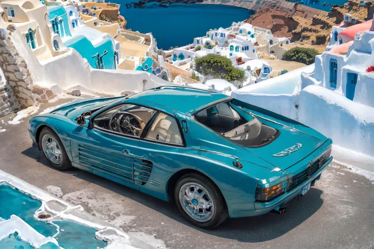 (masterpiece, best quality:1.2), ultra-detailed, (Teal:1.5) car in (The Santorini, Greece:1.5) EdobFTestarossa, (realistic:1.5), <lora:EdobFTestarossa_v1.0:1>