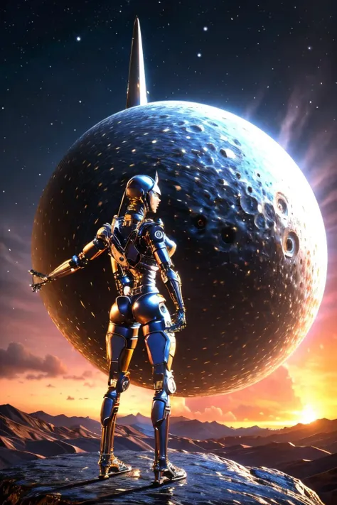 ((view from back):1.2) explosions in the background, night sky, (Standing with one leg raised and foot resting on a higher surface:1.2) (Realisitc:1.5) woman terminator, gigantic breasts, big ass, <lora:EdobTerminatorFemale_v1.0:0.8>