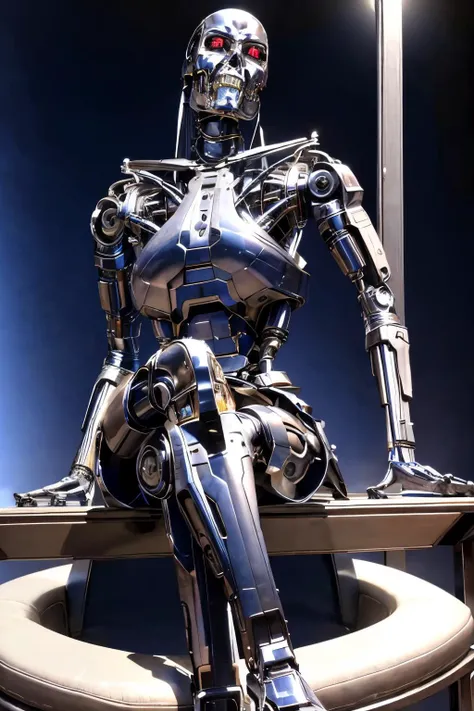Sitting with one leg bent and foot resting on opposite thigh, with arms crossed over chest explosions in the background, night sky, Sitting on a chair with legs stretched out in front (Realisitc:1.5) woman terminator, gigantic breasts, big ass, <lora:EdobTerminatorFemale_v1.0:0.8>