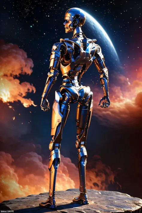 ((view from back):1.2) explosions in the background, night sky, (Standing with arms extended out to the sides and one leg raised behind the body:1.2) (Realisitc:1.5) woman terminator, gigantic breasts, big ass, <lora:EdobTerminatorFemale_v1.0:0.8>