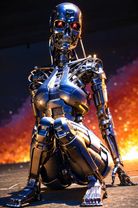 Sitting on the floor with legs bent and hands resting on knees explosions in the background, night sky, Standing with arms crossed over chest and one foot raised behind the body (Realisitc:1.5) woman terminator, gigantic breasts, big ass, <lora:EdobTerminatorFemale_v1.0:0.8>