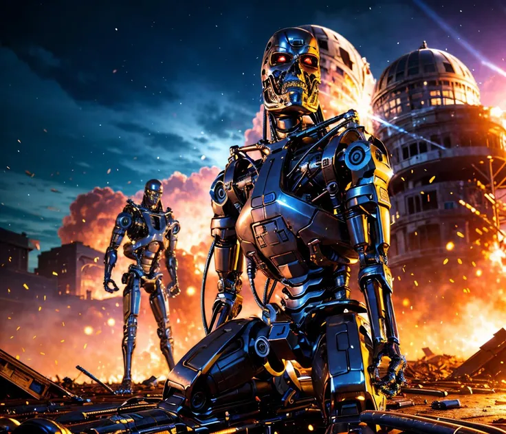 apocalypse buildings in ruins destroyed, explosions in the background, night sky, full body shot (Realisitc:1.5) man terminator firing laser gun, <lora:EdobTerminator_v1.0:0.8>
