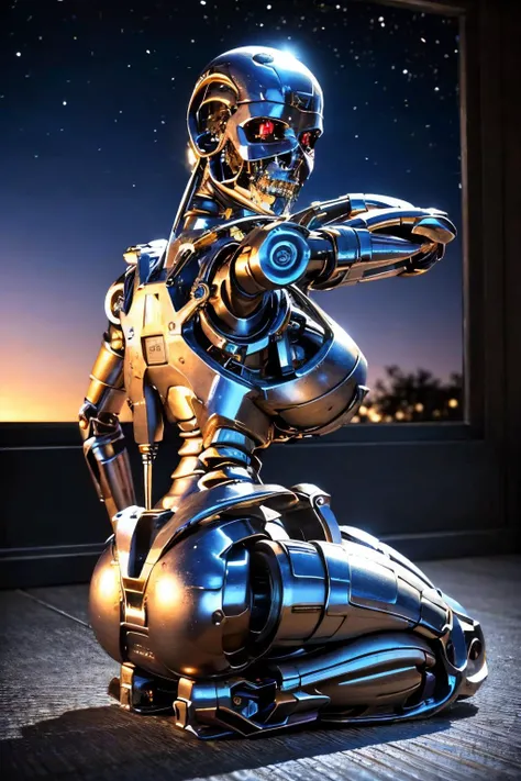 ((view from right side):1.2) explosions in the background, night sky, (Sitting on the floor with legs bent and hands resting on ankles:1.2) (Realisitc:1.5) woman terminator, gigantic breasts, big ass, <lora:EdobTerminatorFemale_v1.0:0.8>