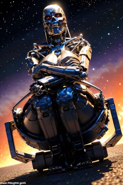 Lying on back with arms folded behind head explosions in the background, night sky, Sitting on a chair with legs bent and feet flat on the floor, with hands resting on knees (Realisitc:1.5) woman terminator, gigantic breasts, big ass, <lora:EdobTerminatorFemale_v1.0:0.8>